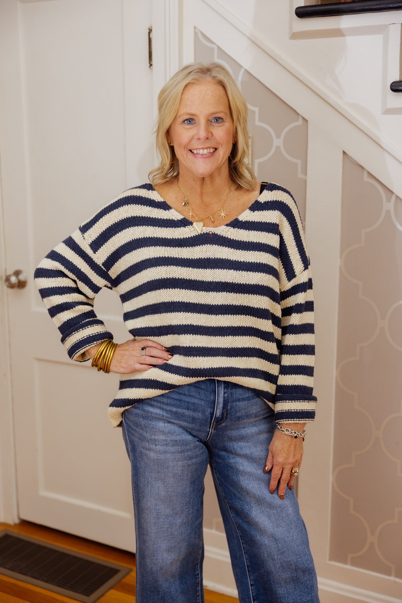 Striped V-Neck OS Sweater
